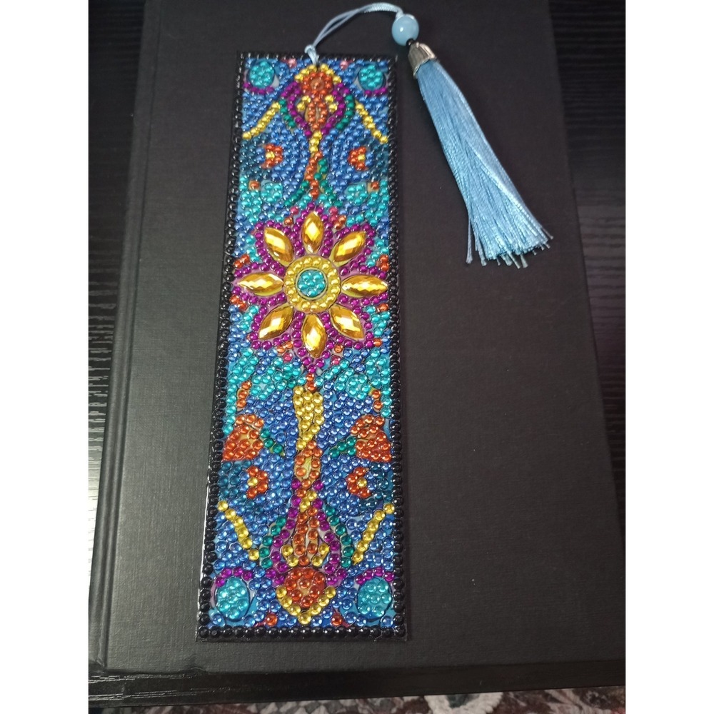 Handmade 5D Diamond Painting Bookmark Blue Floral Tassel Rhinestone 7.75" New